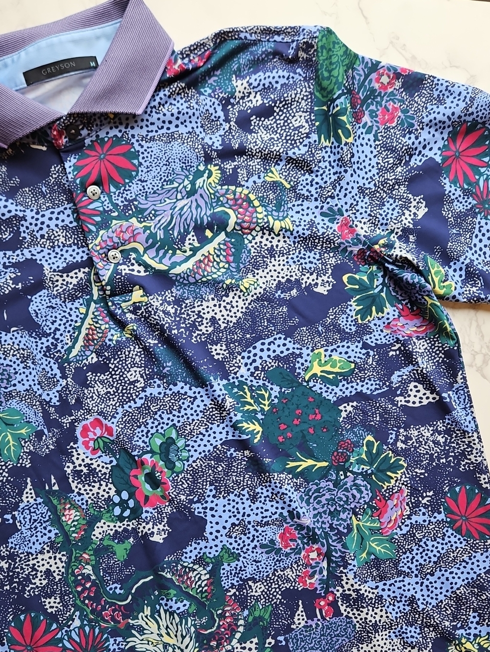 Greyson Navy Floral Dragon In The Wave Golf Polo Shirt M Like New